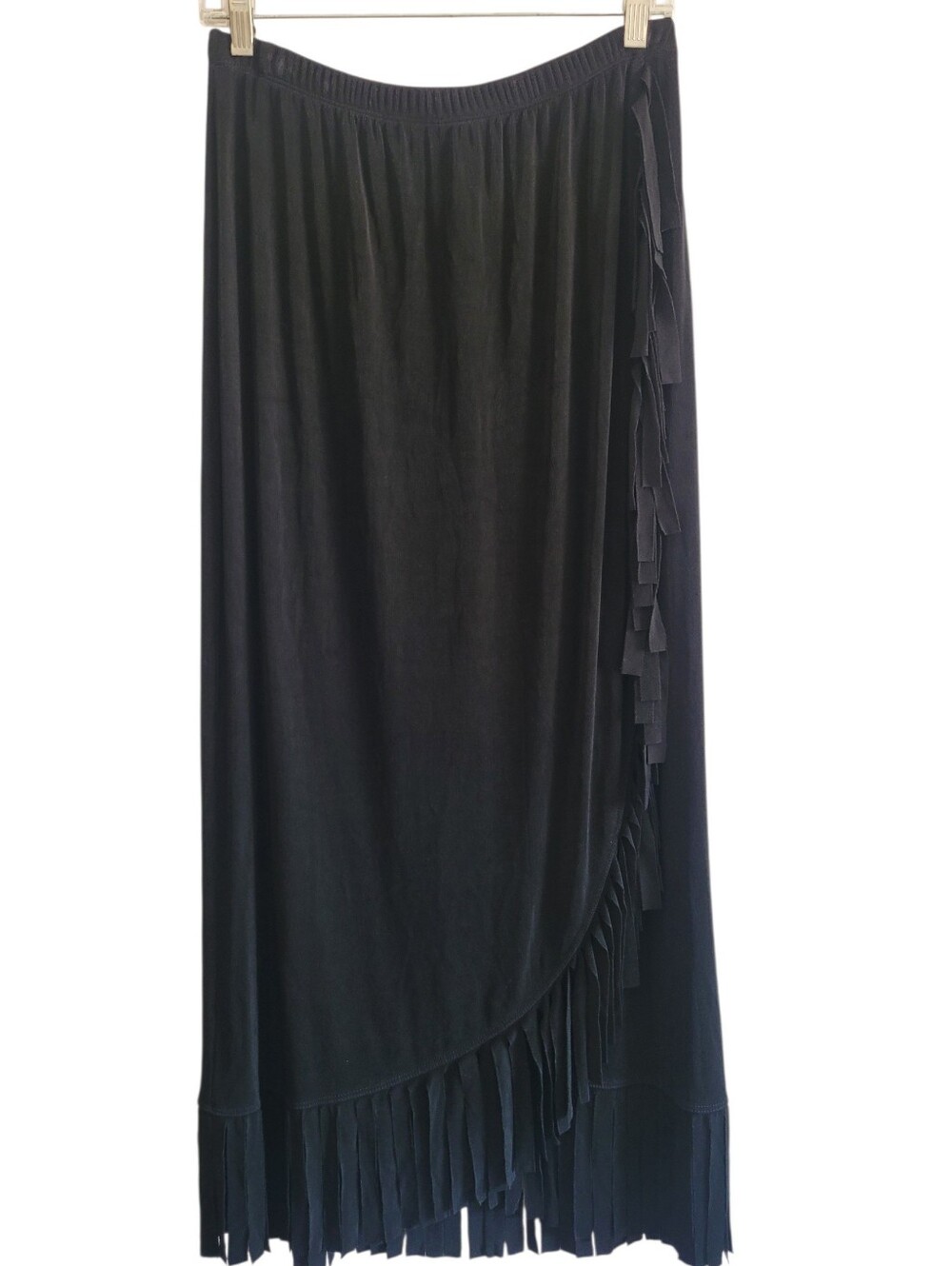 Chico's Travelers Black Fringe Midi Skirt Wmn L/12 Faux Wrap Slinky Vintage USA